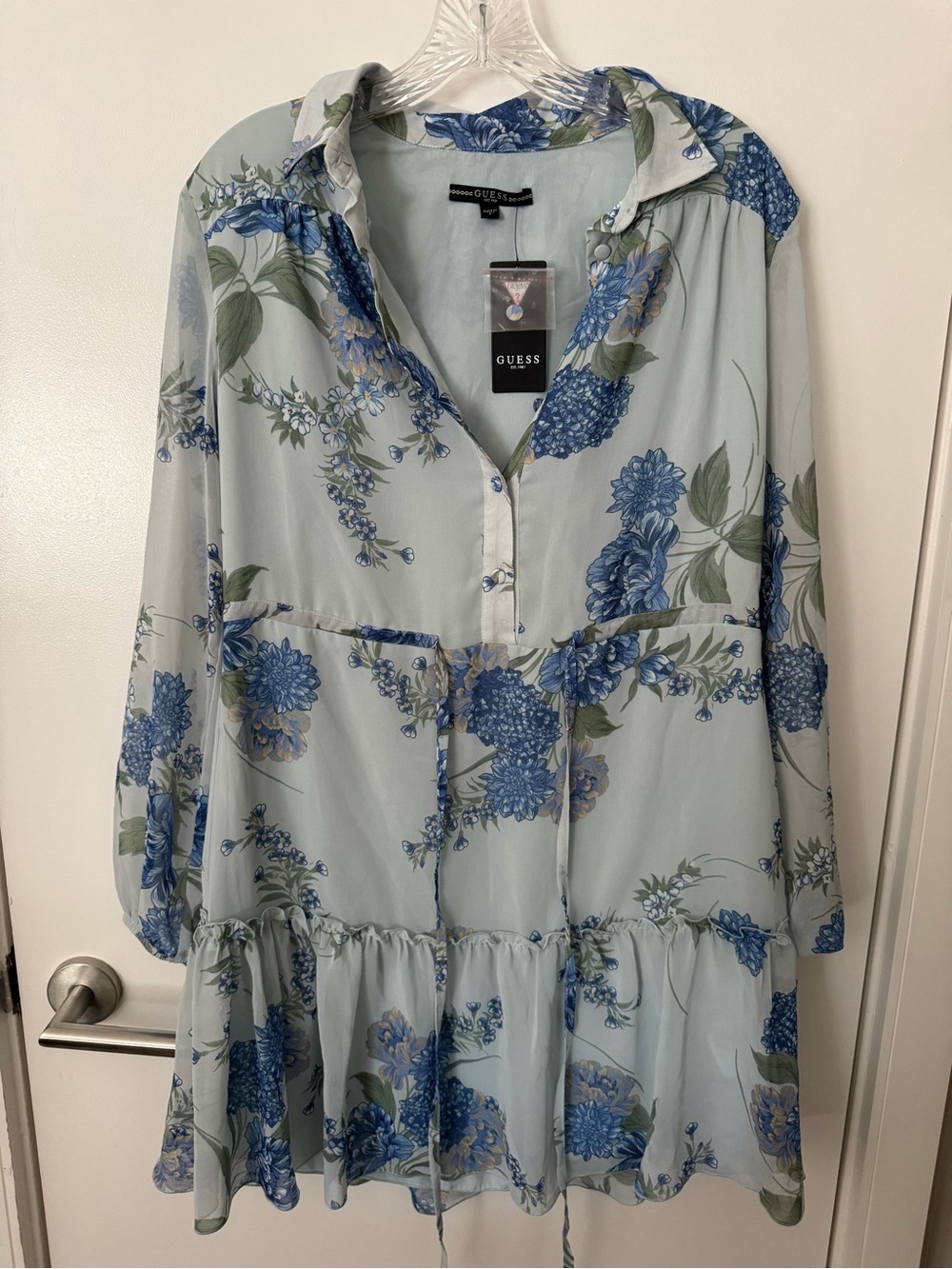 Guess Light Blue Floral Tiered Shirt Dress Size Small